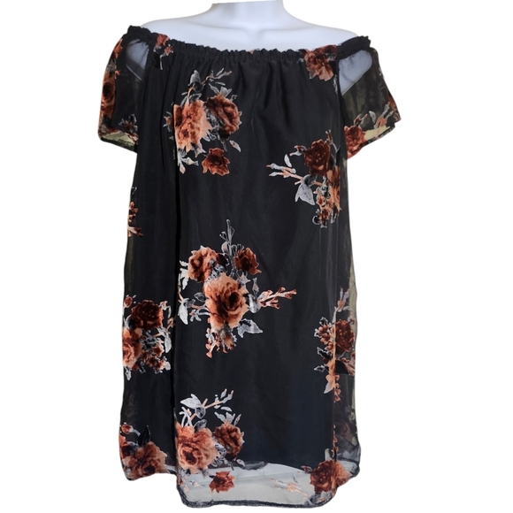 Velvet Burnout Off Shoulder peasant Mini Dress Dark Floral Xhiliration size sma… - Picture 1 of 10